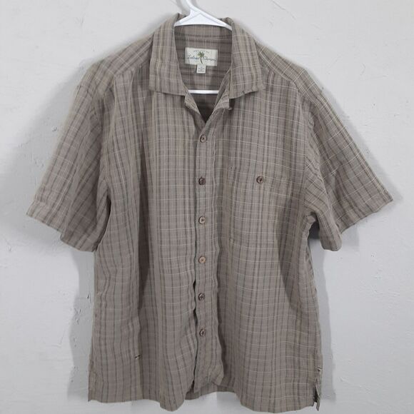 Island Shores Adult Mens L Plaid Beige Short Sleeve Button Up Shirt - Picture 1 of 8